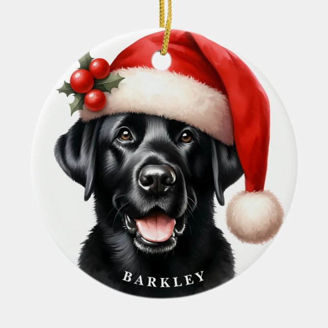 Cute Black Labrador Retriever Santa Dog Christmas Ceramic Ornament (Front)