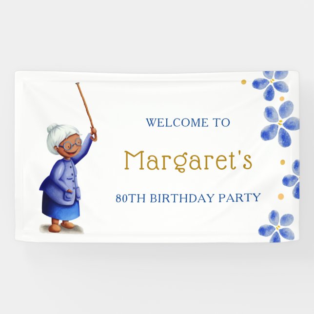 Cute Black Lady Floral 80th Birthday Banner (Horizontal)