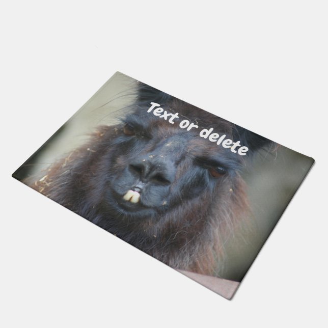Cute Black Llama Face Close Up Personalised Doormat (Angled)