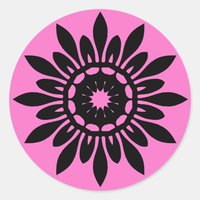Cute black mandala flower on pink classic round sticker (Front)