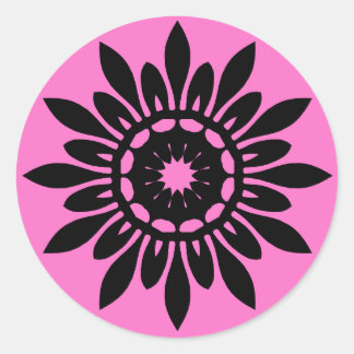 Cute black mandala flower on pink classic round sticker