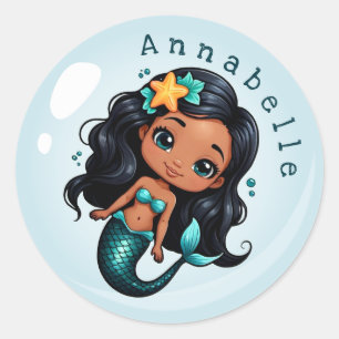 Cute Black Mermaid in a Bubble Personalise Classic Round Sticker