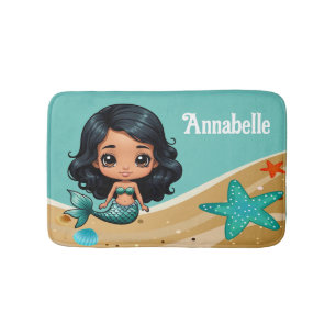 Cute Black Mermaid Personalise Bath Mat