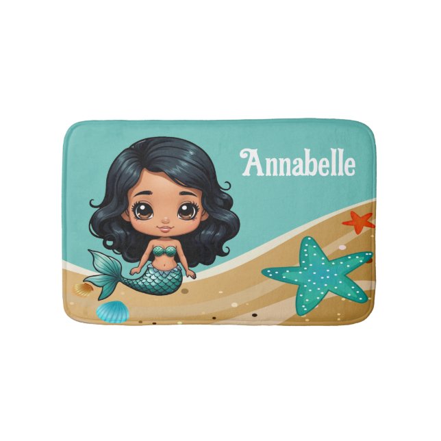Cute Black Mermaid Personalise Bath Mat (Front)
