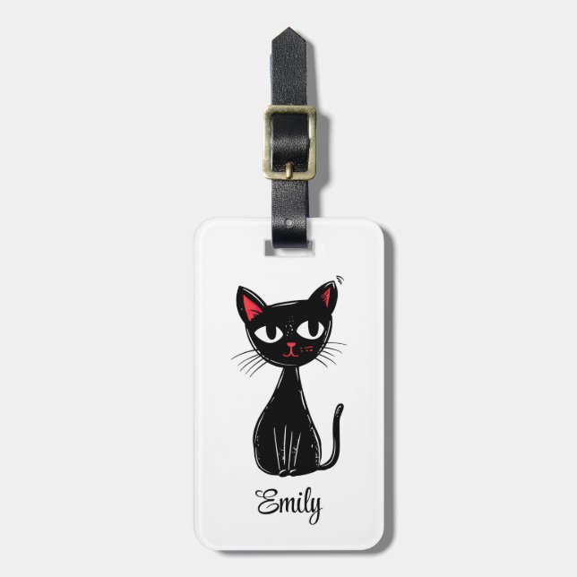 Cute black Mid Century cartoon cat Luggage Tag (Front Vertical)