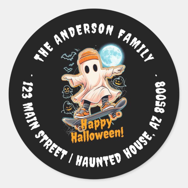 Cute Black Neon Ghost Happy Halloween Address  Classic Round Sticker (Front)