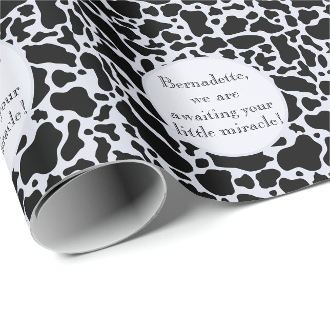 Cute Black on Blue Cowhide Print Farm Animal Text Wrapping Paper (Roll Corner)
