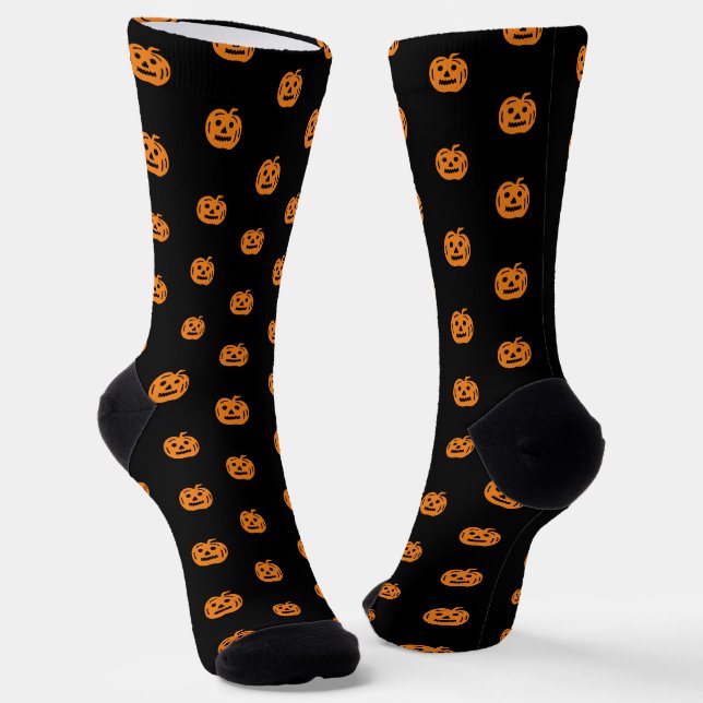 Cute black orange jack o lantern face pattern socks (Angled)