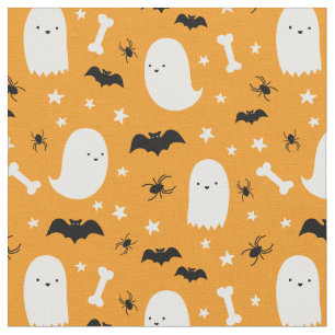 Cute Black Orange Spooky Ghosts Spiders Halloween Fabric