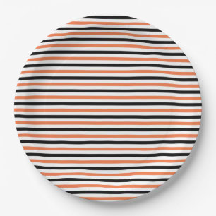 Cute Black Orange & White Stripe Pattern Halloween Paper Plate