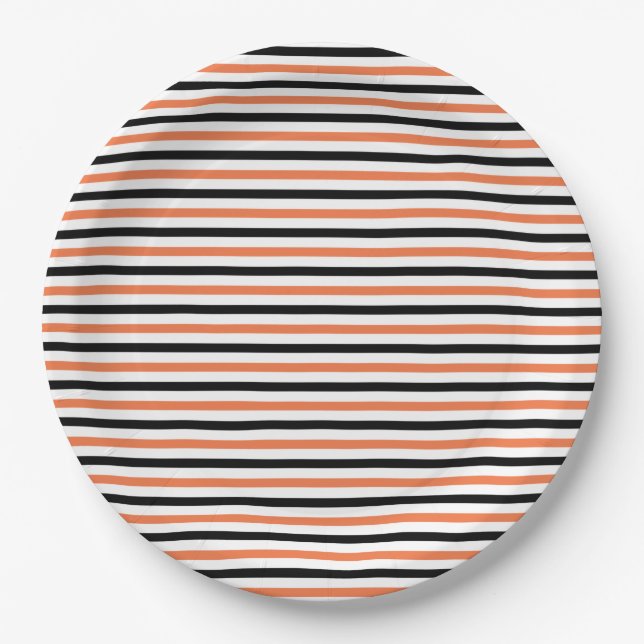 Cute Black Orange & White Stripe Pattern Halloween Paper Plate (Front)