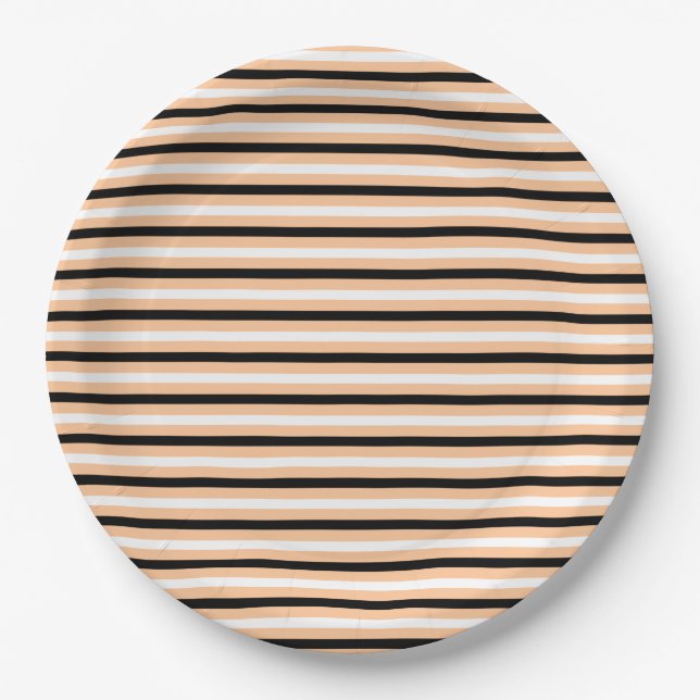 Cute Black Orange & White Stripe Pattern Halloween Paper Plate (Front)