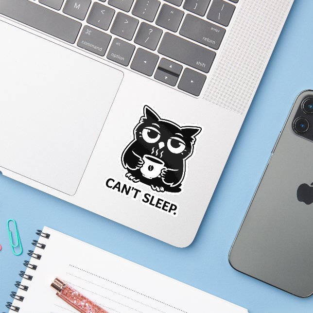 Cute Black Owl Can't Sleep Coffee Cup Illustration (Laptop w/ iPhone)