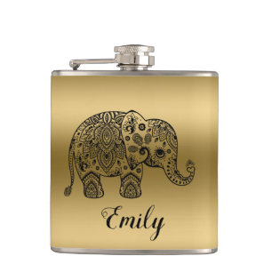 Cute Black Paisley Elephant Gold Background Hip Flask