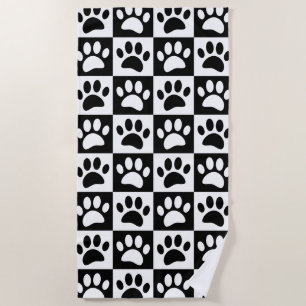Cute Black Paw Print Chequerboard Pattern Beach Towel