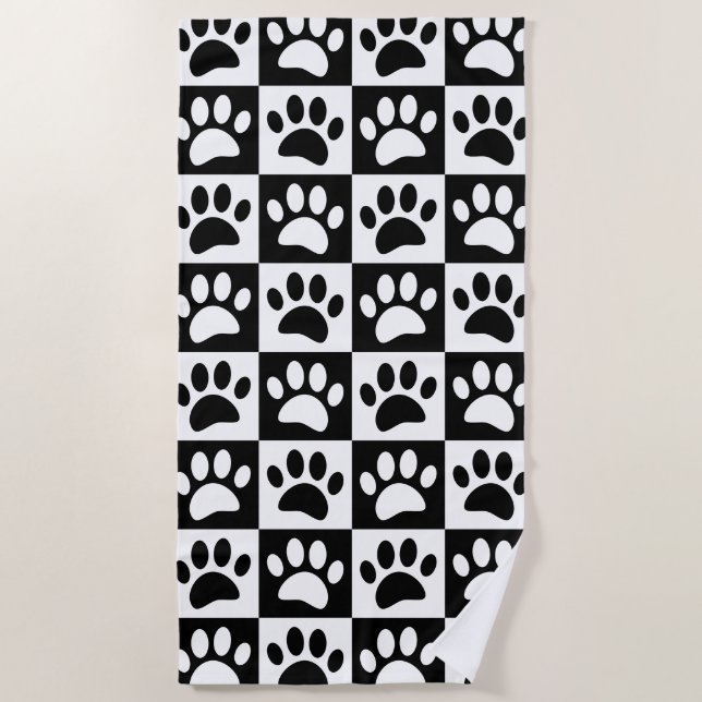 Cute Black Paw Print Chequerboard Pattern  Beach Towel (Front)