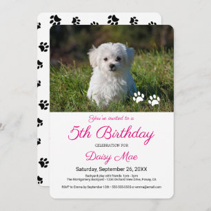 Cute Black Paw Prints Custom Pet Birthday Photo Invitation