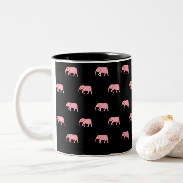 Cute Black Pink Elephants Two-Tone Coffee Mug (With Donut)