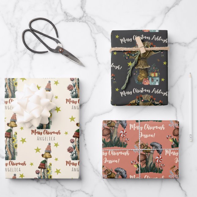 Cute Black Pink Mushroom Christmas Custom Name Wrapping Paper Sheet (Front)