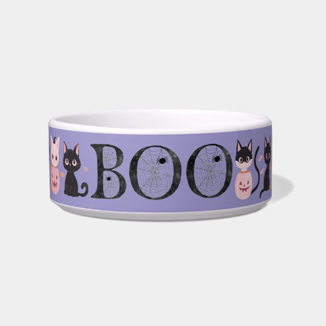 Cute Black Pink Purple Halloween Boo Cat Feeding Bowl (Front)