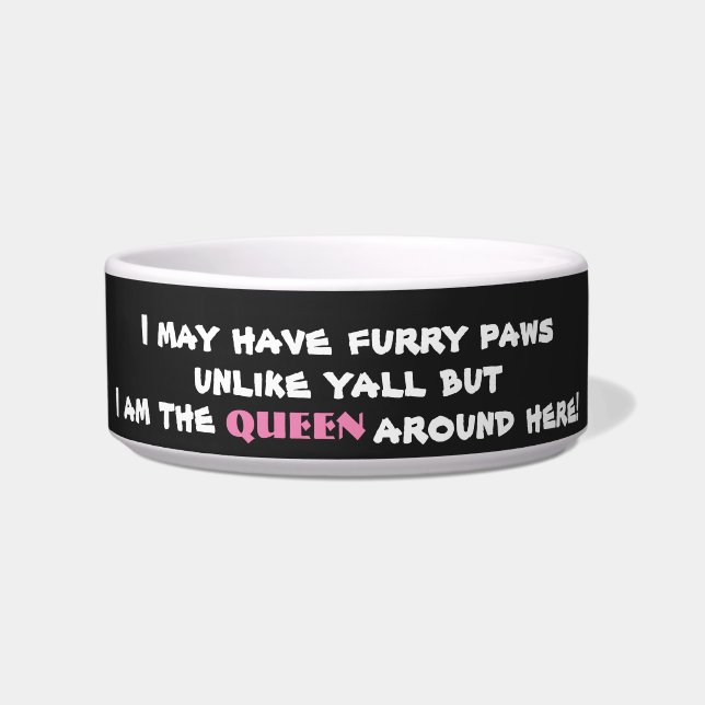Cute Black Pink Queen Typography Dog Bowl (Front)