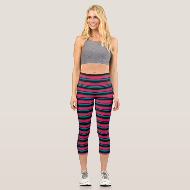 Cute black pink stripes capri leggings (Front)