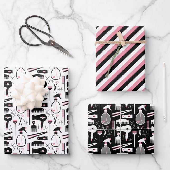 Cute Black Pink White Hair Stylist Tools Wrapping Paper Sheet (Front)