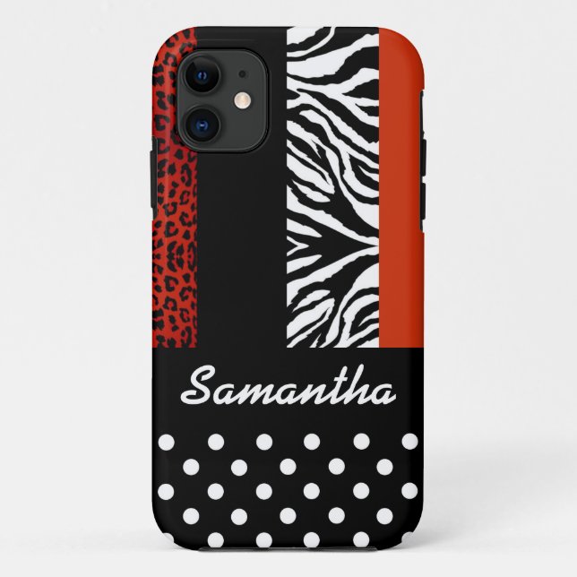 Cute Black Polka Dot Animal Print Custom Name Case-Mate iPhone Case (Back)