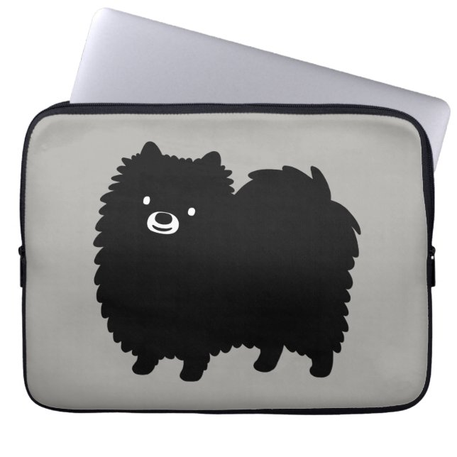 Cute Black Pomeranian | Fluffy Cartoon Dog Laptop Sleeve (Front)