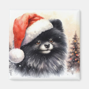 Cute Black Pomeranian Watercolor Christmas Magnet