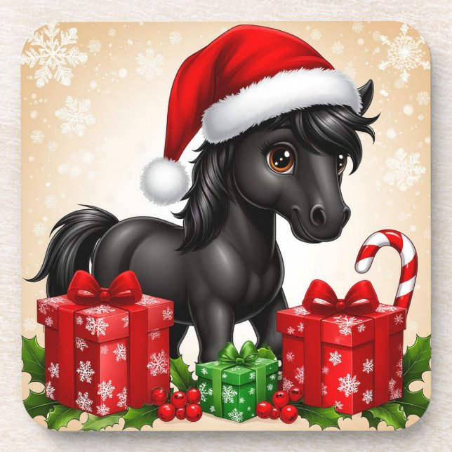 Cute Black Pony with Santa Hat Coaster (Front)