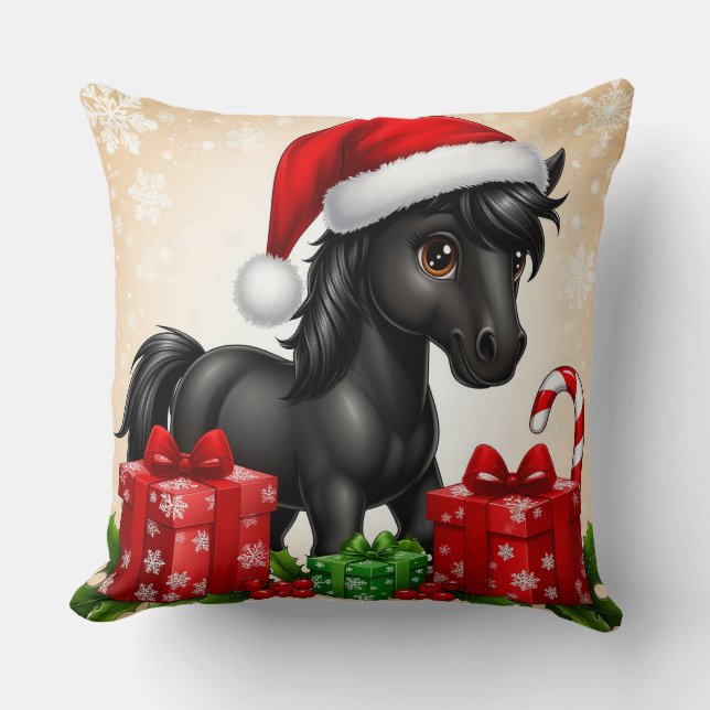 Cute Black Pony with Santa Hat Cushion (Front)