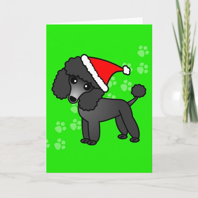 Cute Black Poodle Cartoon Santa Hat Holiday Card (Front)