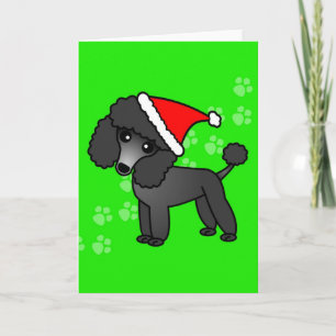 Cute Black Poodle Cartoon Santa Hat Holiday Card