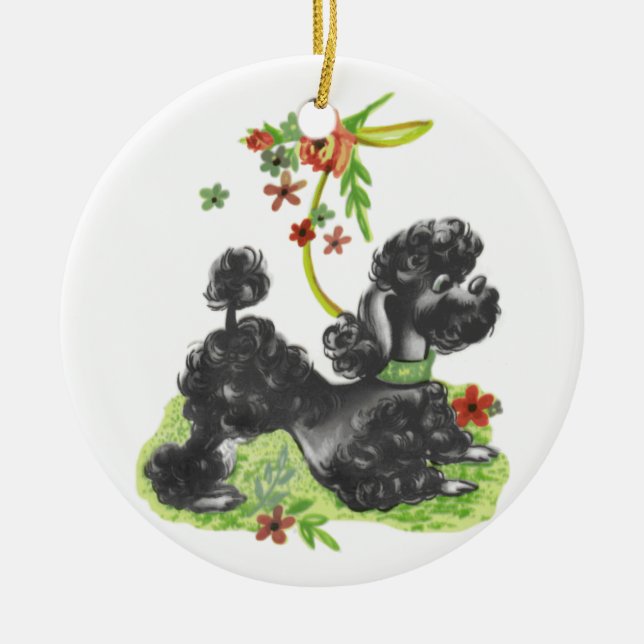 Cute Black Poodle Puppy Ceramic Tree Decoration (Front)