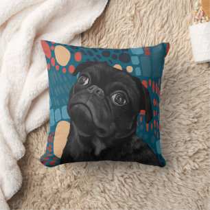 Cute Black Pug Blue Abstract Geometric Dog Lovers Cushion
