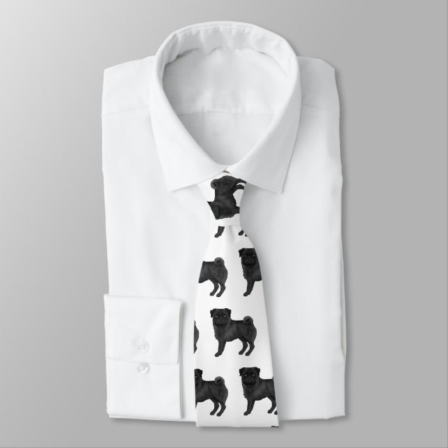 Cute Black Pug Dog Cartoon Illustrated Dog Pattern Tie (Tied)