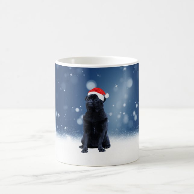 Cute Black Pug Dog Christmas Santa Hat Snow Stars Coffee Mug (Center)