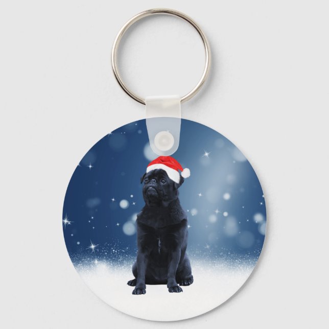 Cute Black Pug Dog Christmas Santa Hat Snow Stars Key Ring (Front)