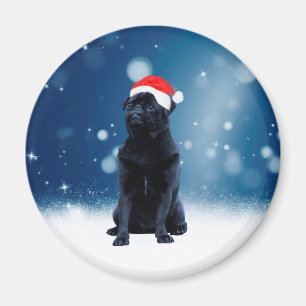 Cute Black Pug Dog Christmas Santa Hat Snow Stars Magnet