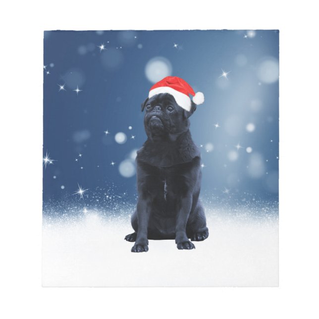 Cute Black Pug Dog Christmas Santa Hat Snow Stars Notepad (Front)