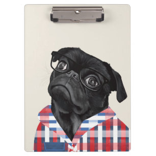 Cute Black Pug Dog With Glasses And Check Shirt Clipboard