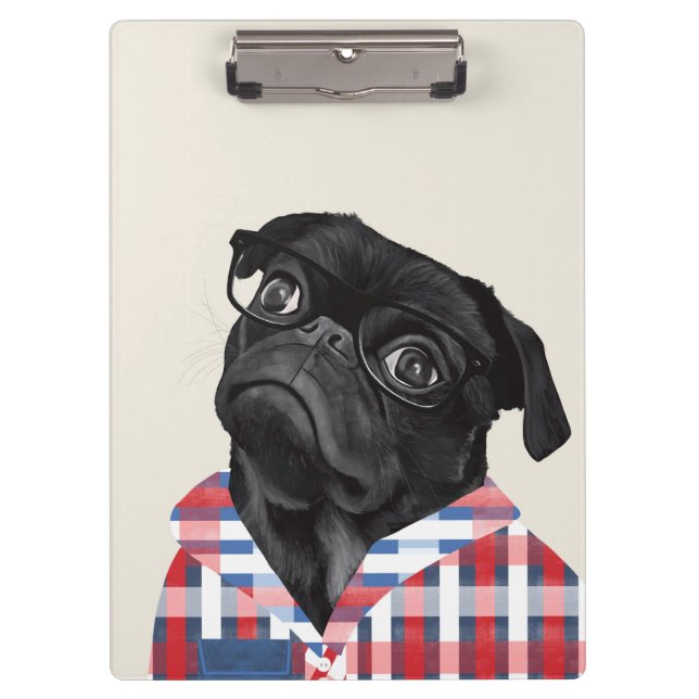 Cute Black Pug Dog With Glasses And Check Shirt Clipboard (Front)