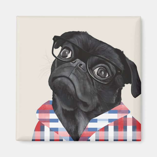 Cute Black Pug Dog With Glasses And Check Shirt Magnet (Front)