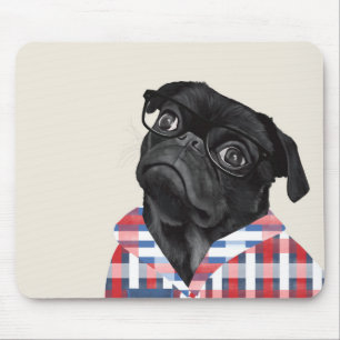 Cute Black Pug Dog With Glasses And Check Shirt Mouse Pad