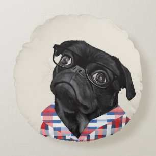 Cute Black Pug Dog With Glasses And Check Shirt Round Cushion