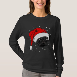 Cute black pug in christmas hat Long T-Shirt 410