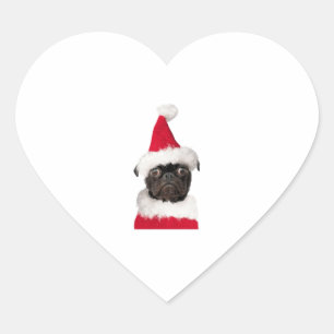 Cute Black Pug in Christmas Santa Hat   Heart Sticker