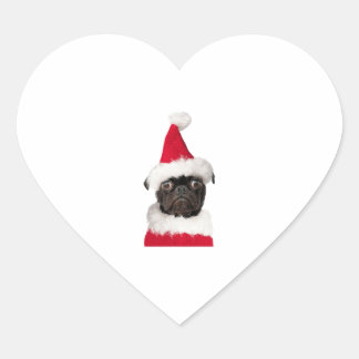 Cute Black Pug in Christmas Santa Hat Heart Sticker
