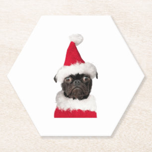 Cute Black Pug in Christmas Santa Hat Paper Coaster